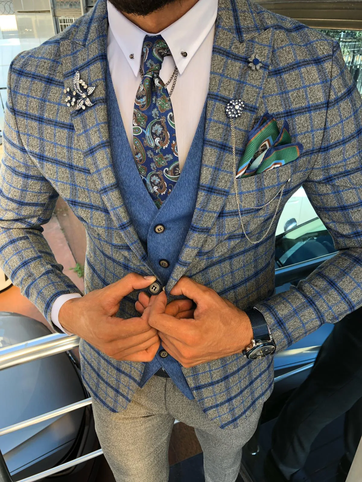 Slim-Fit Plaid Suit Vest Sax