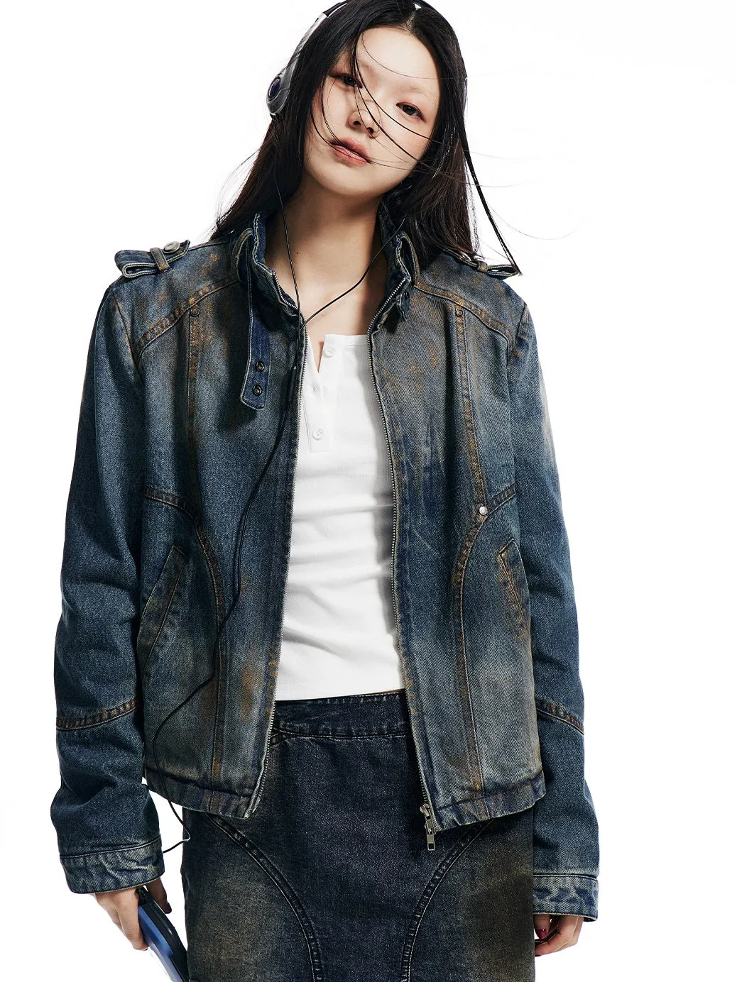 Stand-Collar Denim Short Jacket