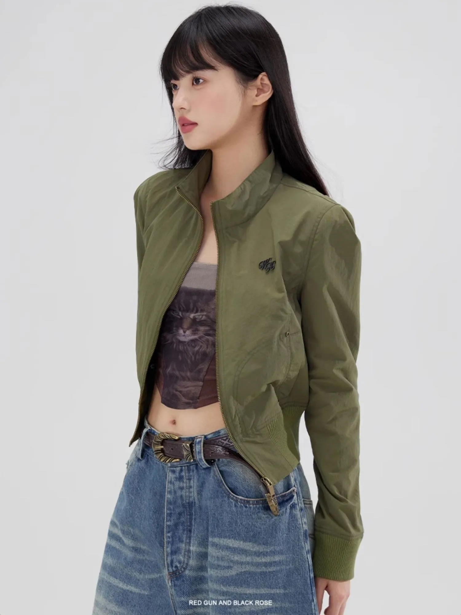 Stand-Collar Plain Vintage Casual Cool Blouson Jacket