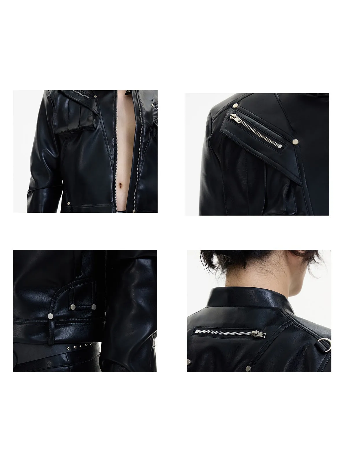 Stand Collar Zipper Short Leather Jacket