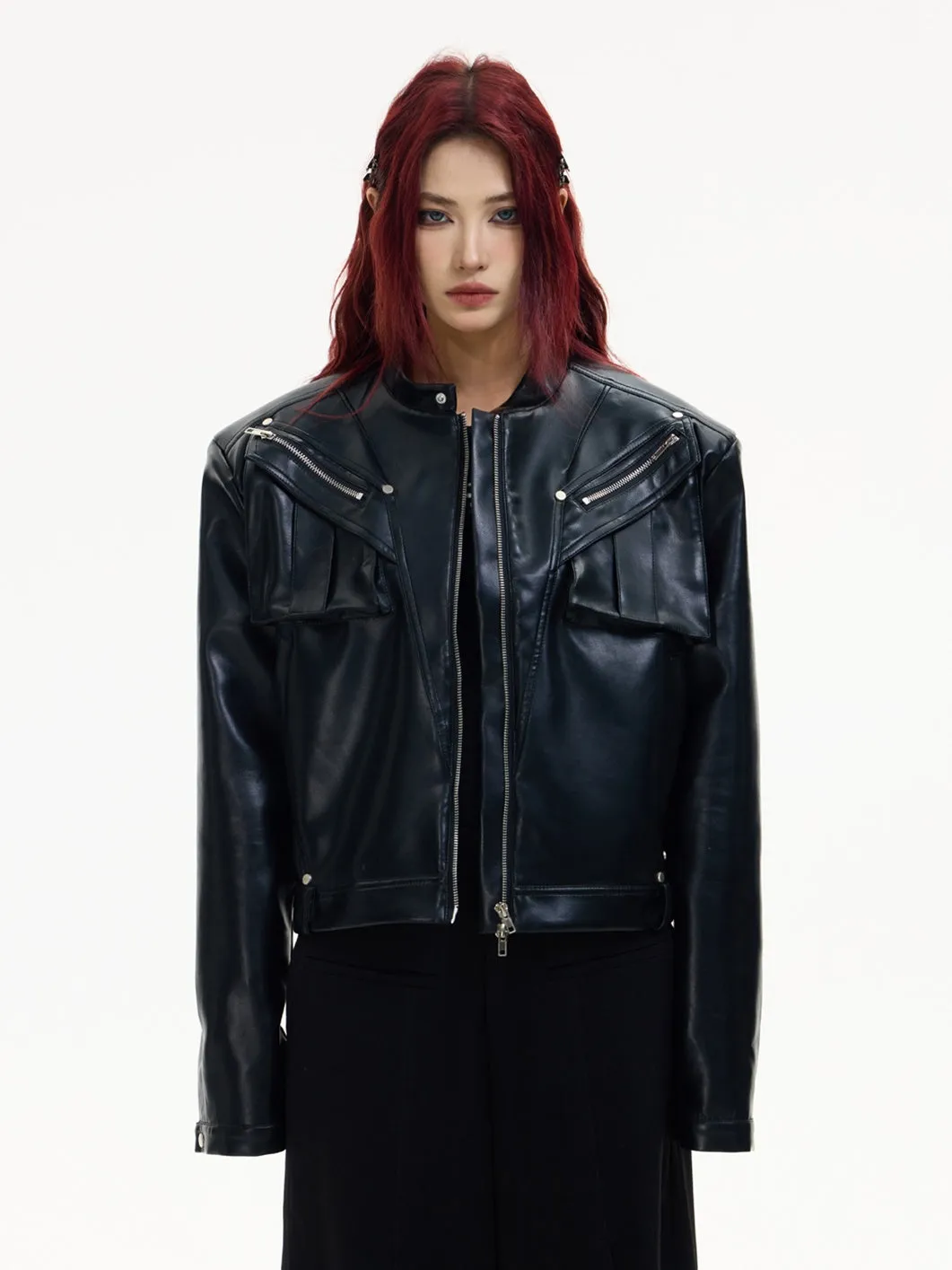 Stand Collar Zipper Short Leather Jacket