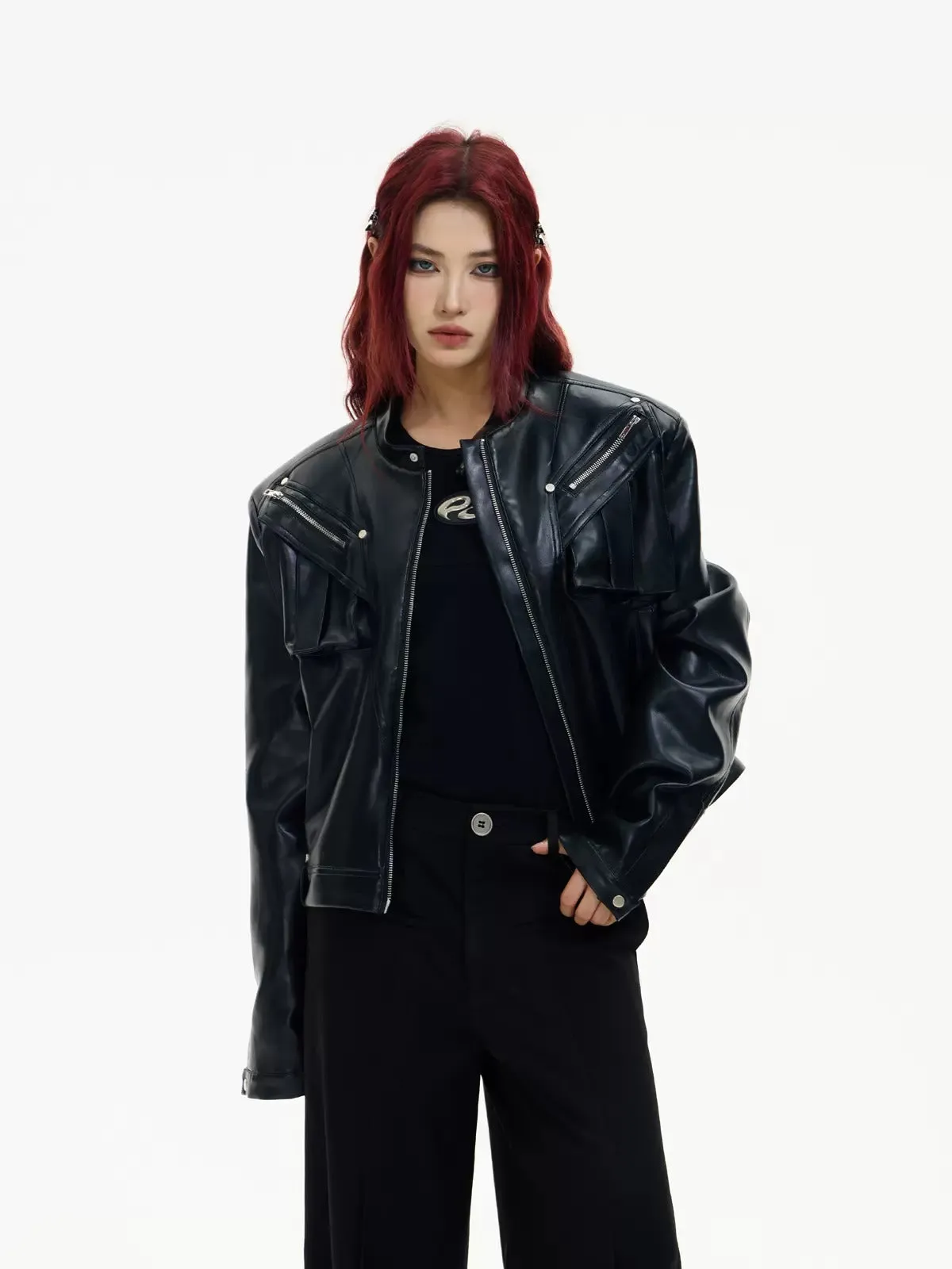 Stand Collar Zipper Short Leather Jacket