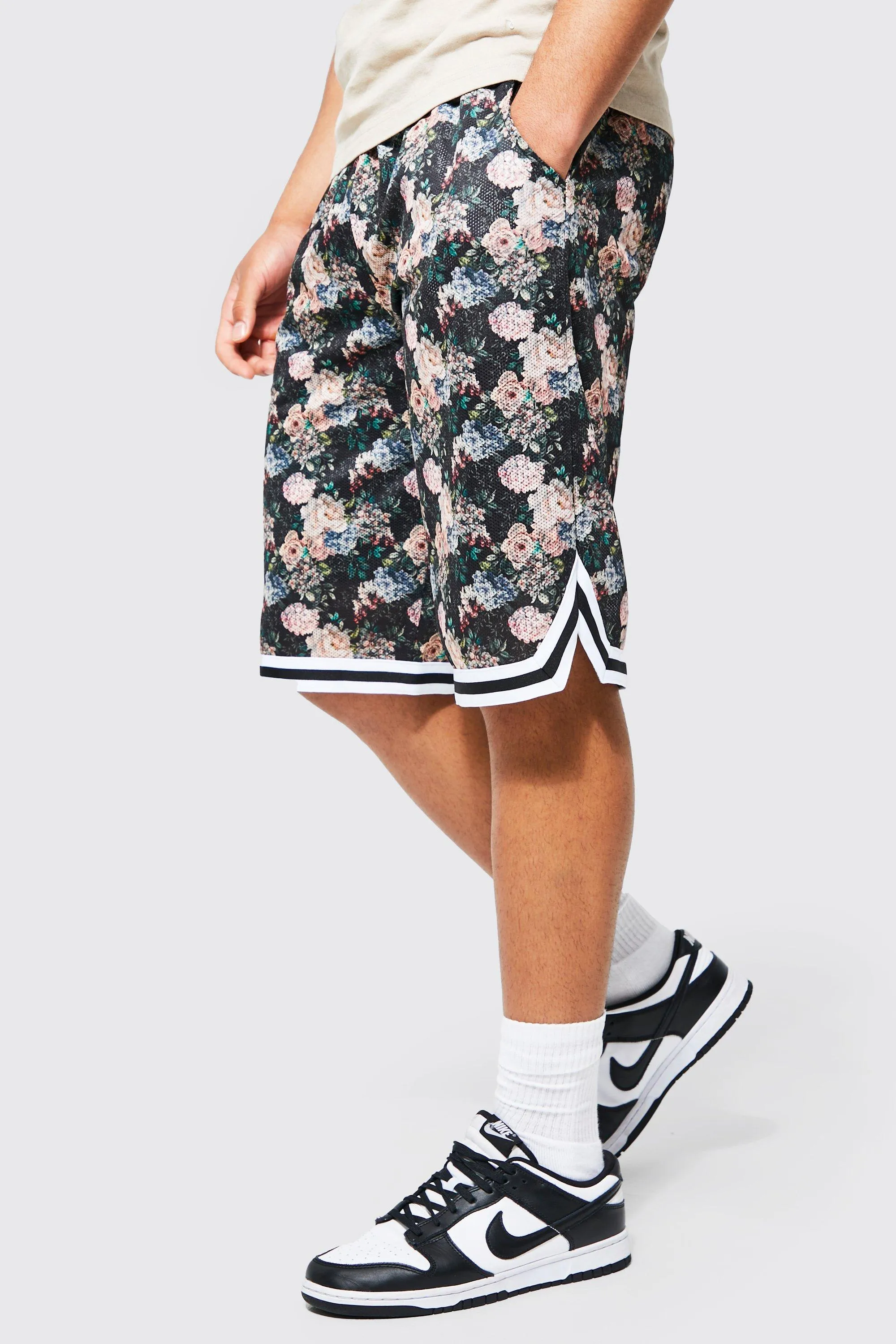 Tall Floral Mesh Basketball Sports Rib Short | boohooMAN UK