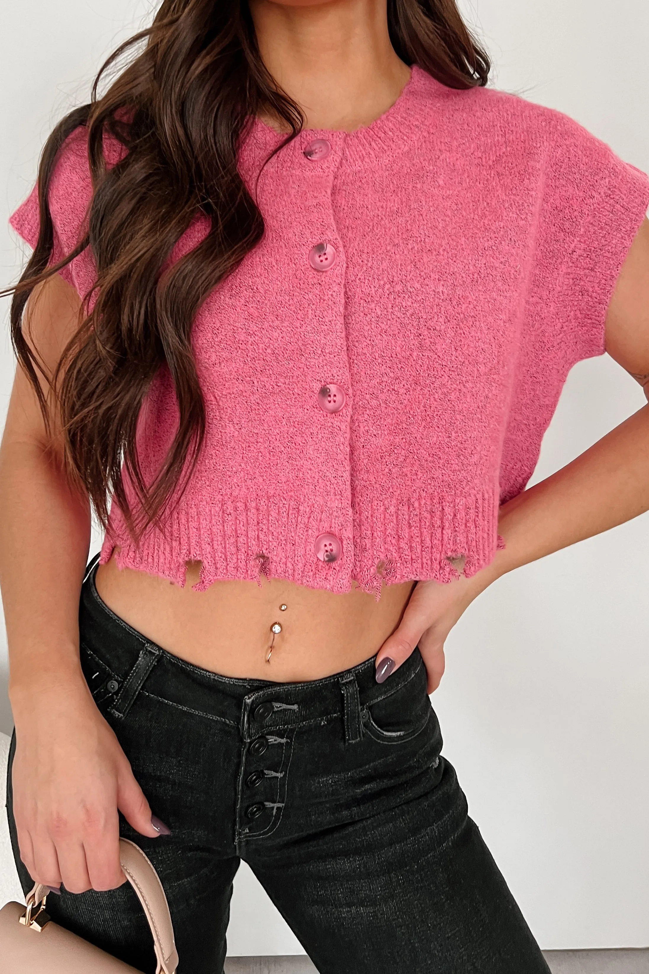 Undemanding Comfort Distressed Button-Up Sweater Vest (Pink)