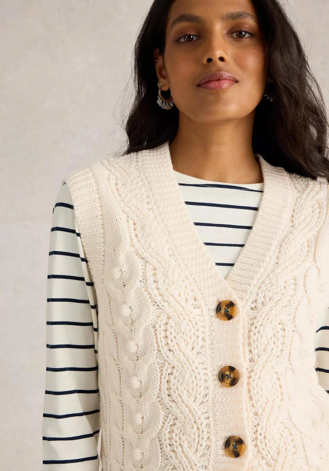 White Stuff Cable Knit Button Up Vest, White