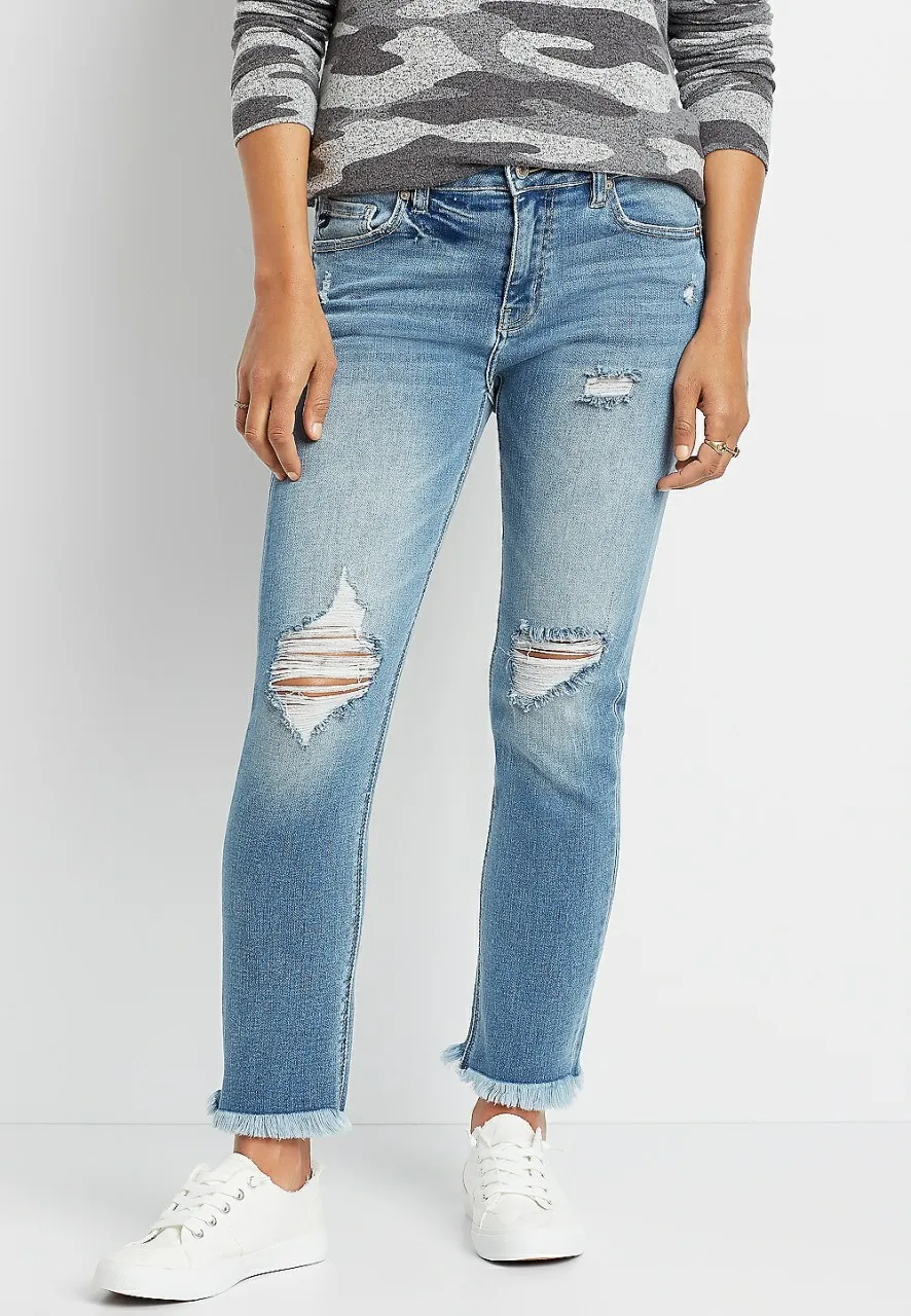 Women Maurices Jeans | Kancan High Rise Destructed Fray Hem Slim Straight Ankle Jean